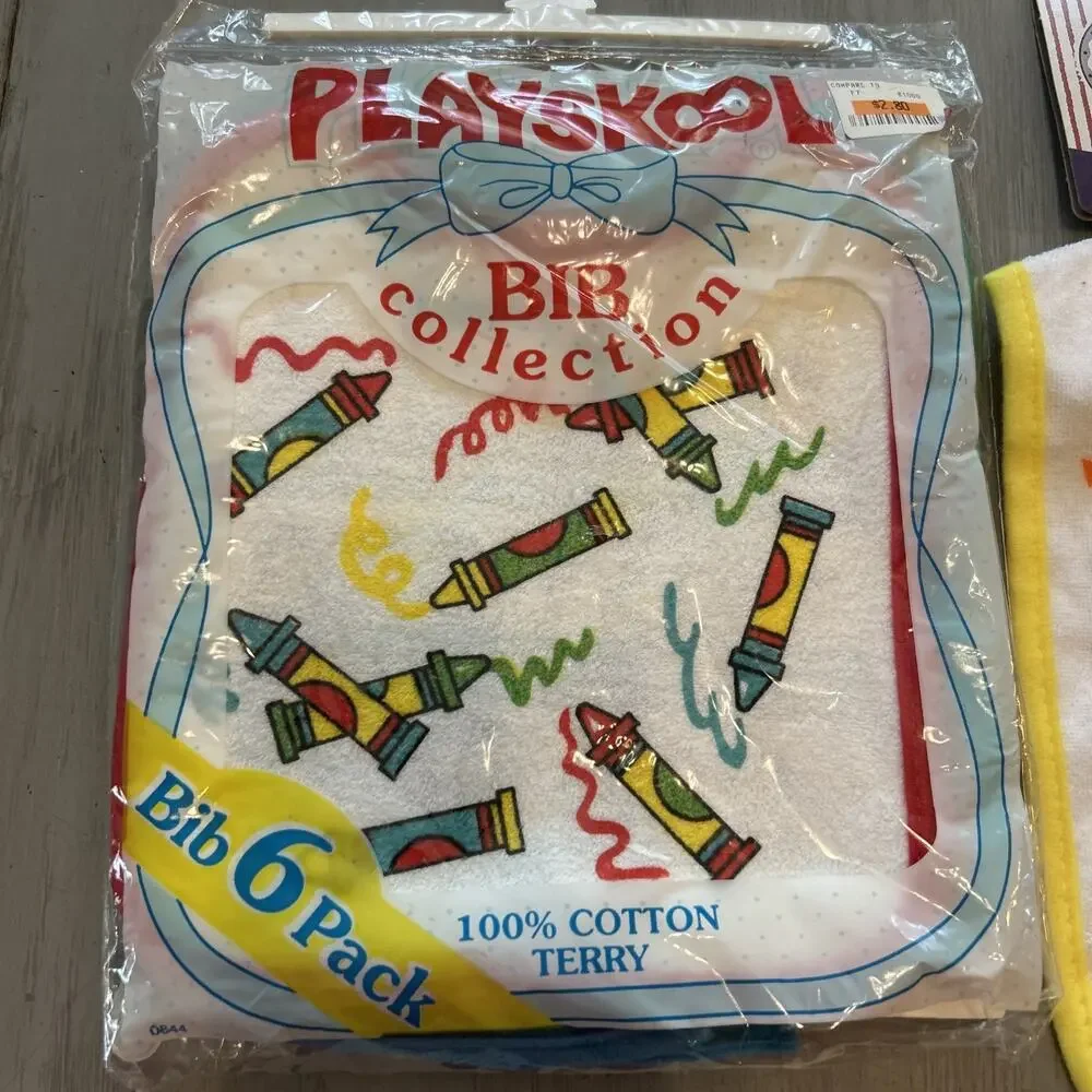 New Vintage Playskool Baby Terry Bibs 6 Pack Tie Back Primary Colors NOS